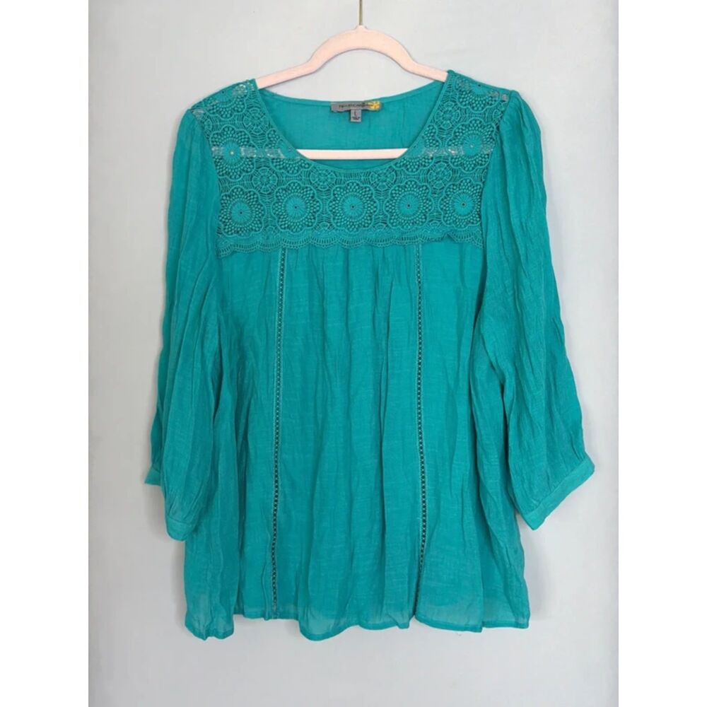 Figueroa & Flower Crochet Lace Yoke Boho Peasant Top Women Large Teal 3/4 Sleeve